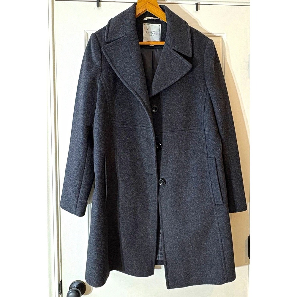 Larry Levine Womens Wool Gray Charcoal Overcoat Button Front Pockets 07798 Sz 14